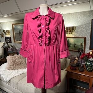 Y2K 90s Speak2Me Women's L Pink Ruffled Trench Coat Barbiecore BARBIE Black Trim
